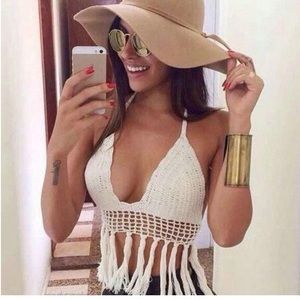 Crochet Bikini Halter Crop Top Bra Fringe