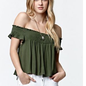 Burgundy  Smocked Off-The-Shoulder Cropped Top