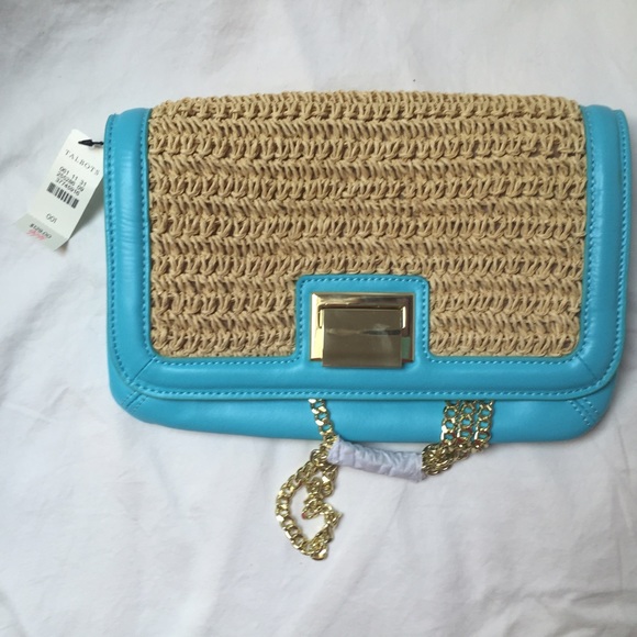 Talbots turquoise leather and straw clutch