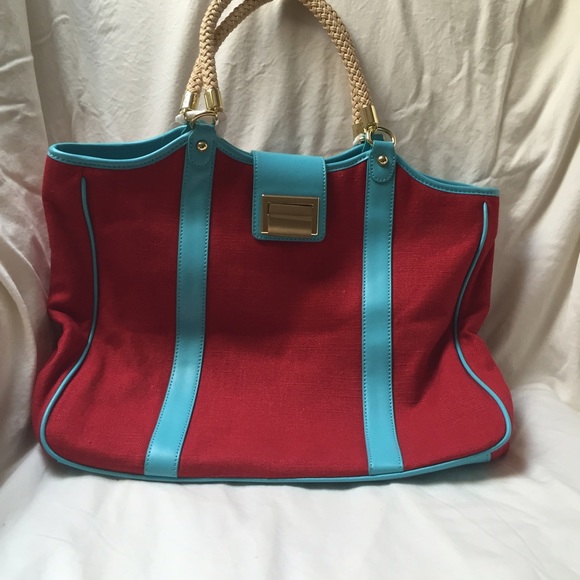 Talbots red linen blend and turquoise leather tote