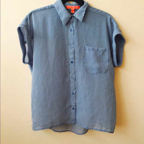 MNG by Mango basic top sheer blue and white strips - Picture 1 of 2