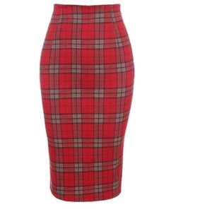 Plaid pencil midi skirt