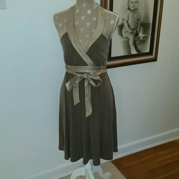 BCBG Paris olive green and gold halter dress - Picture 1 of 4