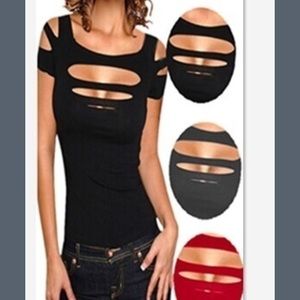 Short sleeve cut out shredded top