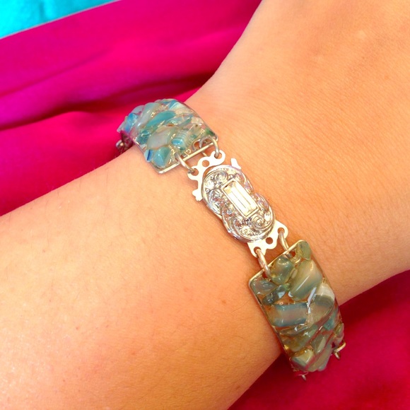 Vintage Jewelry - Vintage Blue & Silver Sea Glass Bracelet