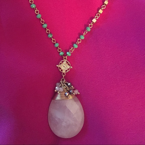 Gold, turquoise, and rose quartz long necklace.