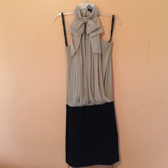 Tan and Black Turtleneck Chiffon Pencil Dress