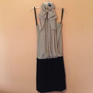 Tan and Black Turtleneck Chiffon Pencil Dress