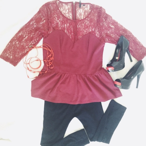Maroon top with lace sleeves