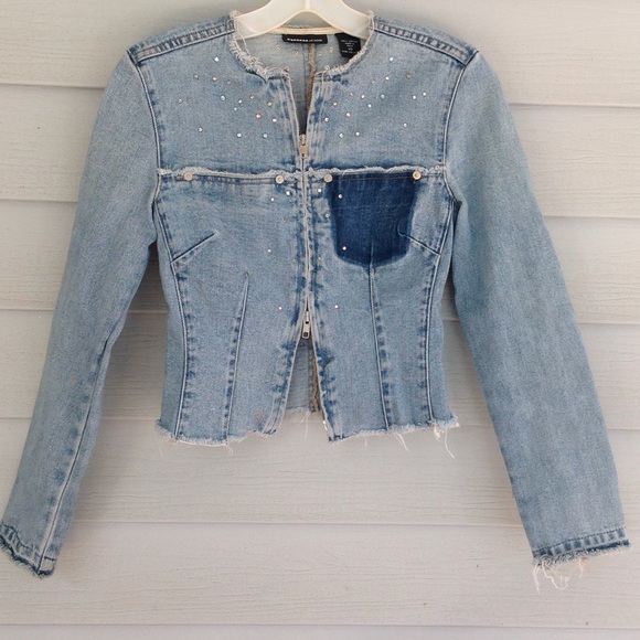 Express Faded Short Zip Denim Jacket - Rhinestones