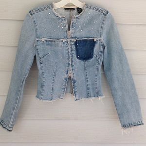 Express Faded Short Zip Denim Jacket - Rhinestones