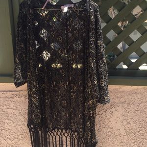 Metallic Gold and black floral tasseled  kimono