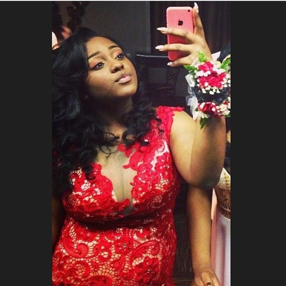 Red lace floral prom dress with side split