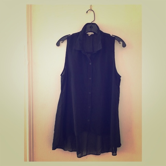 Sheer black sleeveless button down shirt.