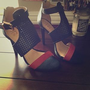 Red/black color block heels