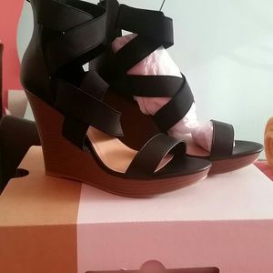 Black Leather Strapped Wedge Heel