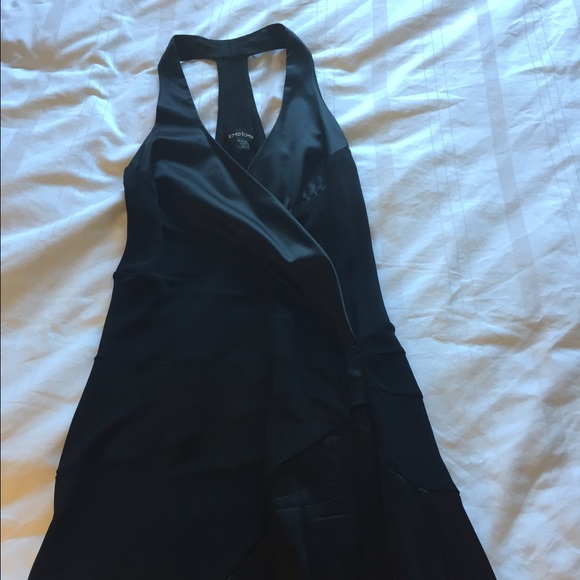 Bebe M black dress halter knee length satin trim