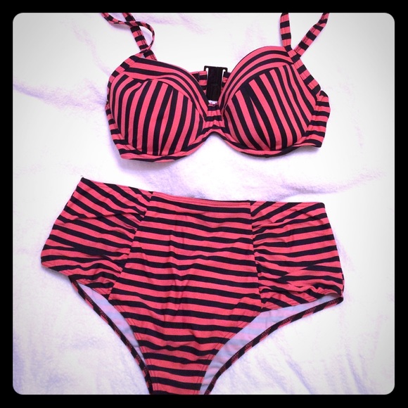 Asos curve high waist bikini black/pink stripes