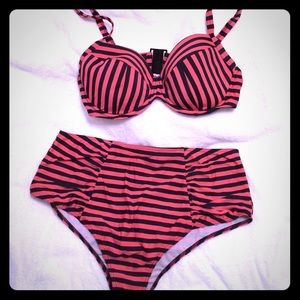 Asos curve high waist bikini black/pink stripes