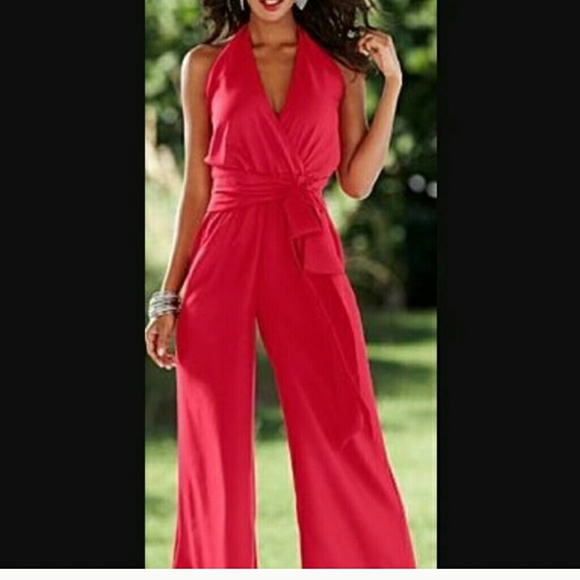 Red halter jump suit