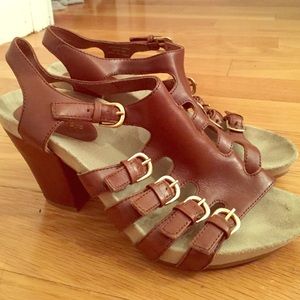 Strappy brown leather heels