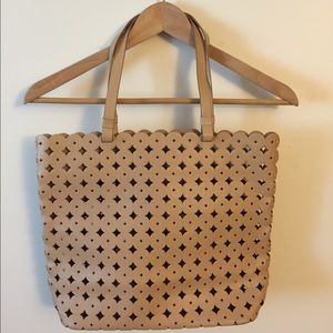 J Crew Leather Beige Cut Out Tote Bag
