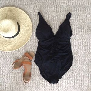 Black V Neck One Piece Swimming Suit, Bathing Suit
