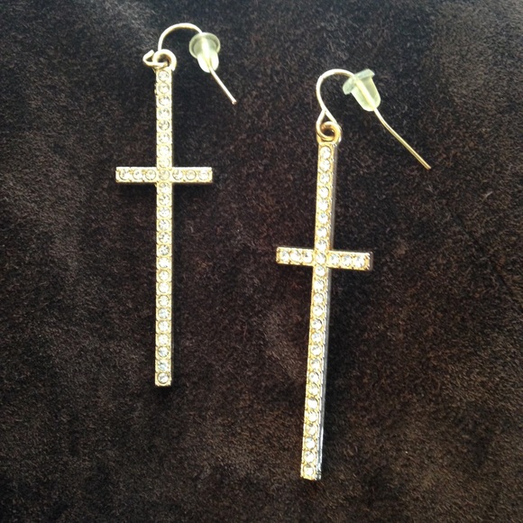 Earrings 🌸 Long Gold Crosses with Rhinestones
