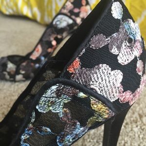 See through Floral Embroidered Stilettos in Black