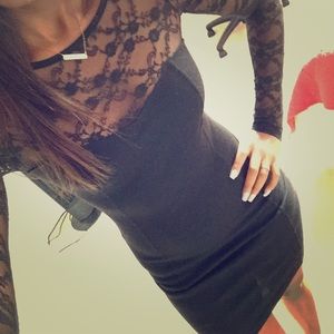 Black bodycon dress with lace sleeves