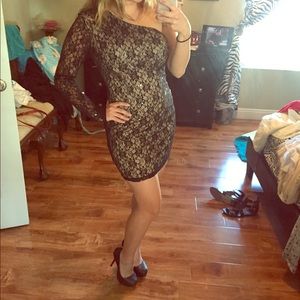 One shouldered lace black dress