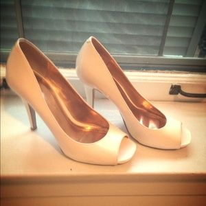 BCBG White Patent Leather Peep-Toe Heels