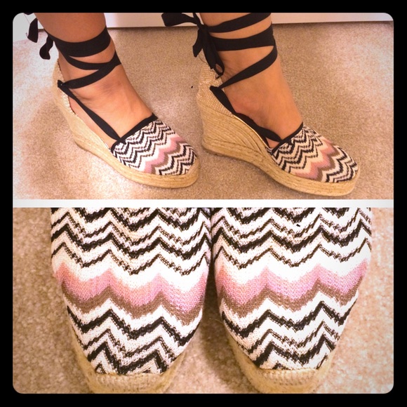 White/black/pink Missoni lace-up wedge Espadrilles