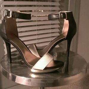Black, Gold and White Ankle Strap Sandal Heels