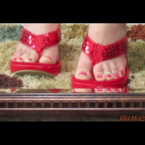 Ruby Red Sequin Wedge Sandals - Picture 4 of 4