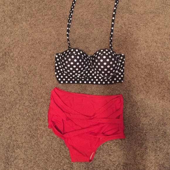 Vintage high wasted poc a dot top bikini set