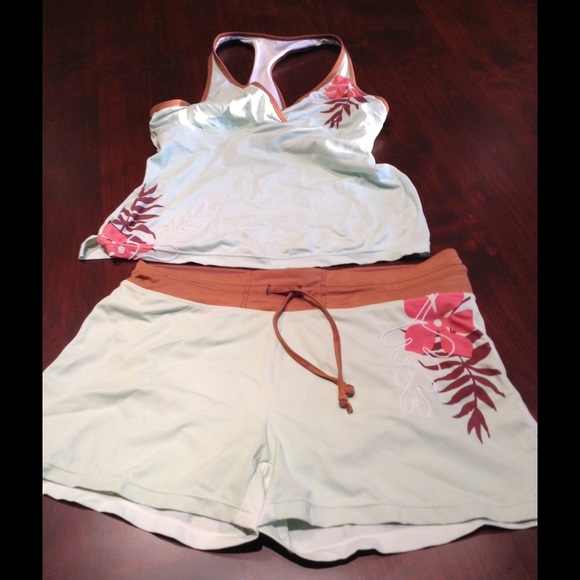 Athlete mint color two-piece swim suit.