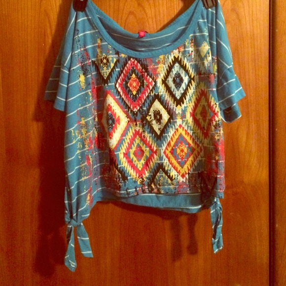 Baby Blue Striped/Tribal Print Boxy Crop Top