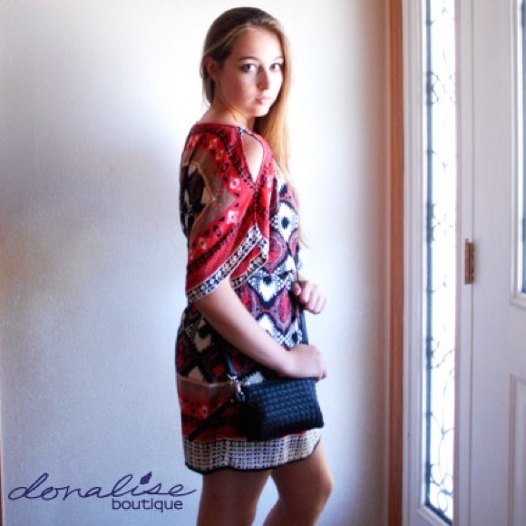 Red Cold Shoulder Aztec Print Dress