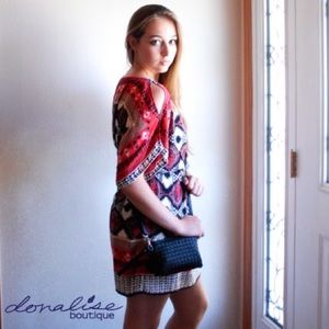 Red Cold Shoulder Aztec Print Dress