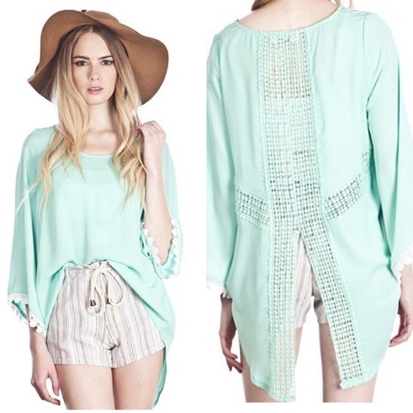 Tops - Mint Green w/ Ivory trim Kimono Top