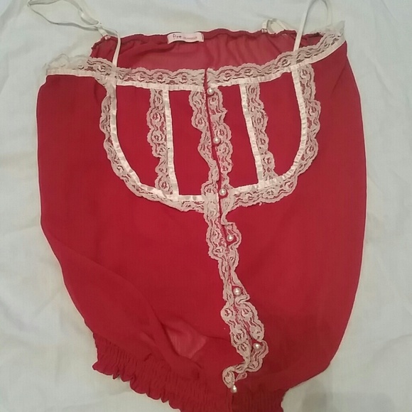 Red and white laced sheer blouse