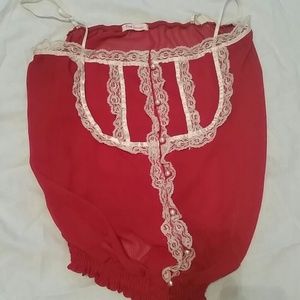 Red and white laced sheer blouse