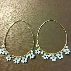 Light blue and green bead flower hoop earrings