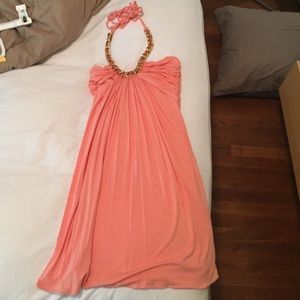 Peach/Coral gold chain Halter Dress