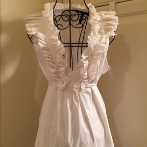 BCBG ruffled neck white top.
