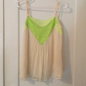 Miss Me cream lace & neon green sequin top.