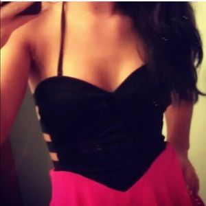 Black Corset Style Dress • Pink Skirt •Side Cutout