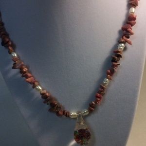 Rhodochrosite and FW pearl necklace