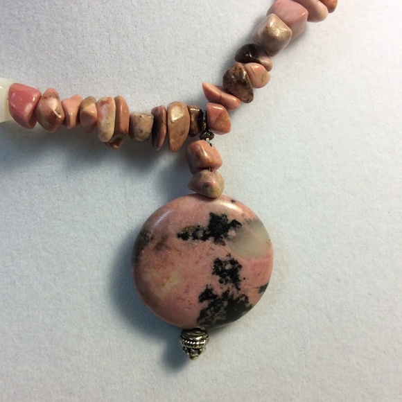Rhodochrosite pendant and bead chip necklace